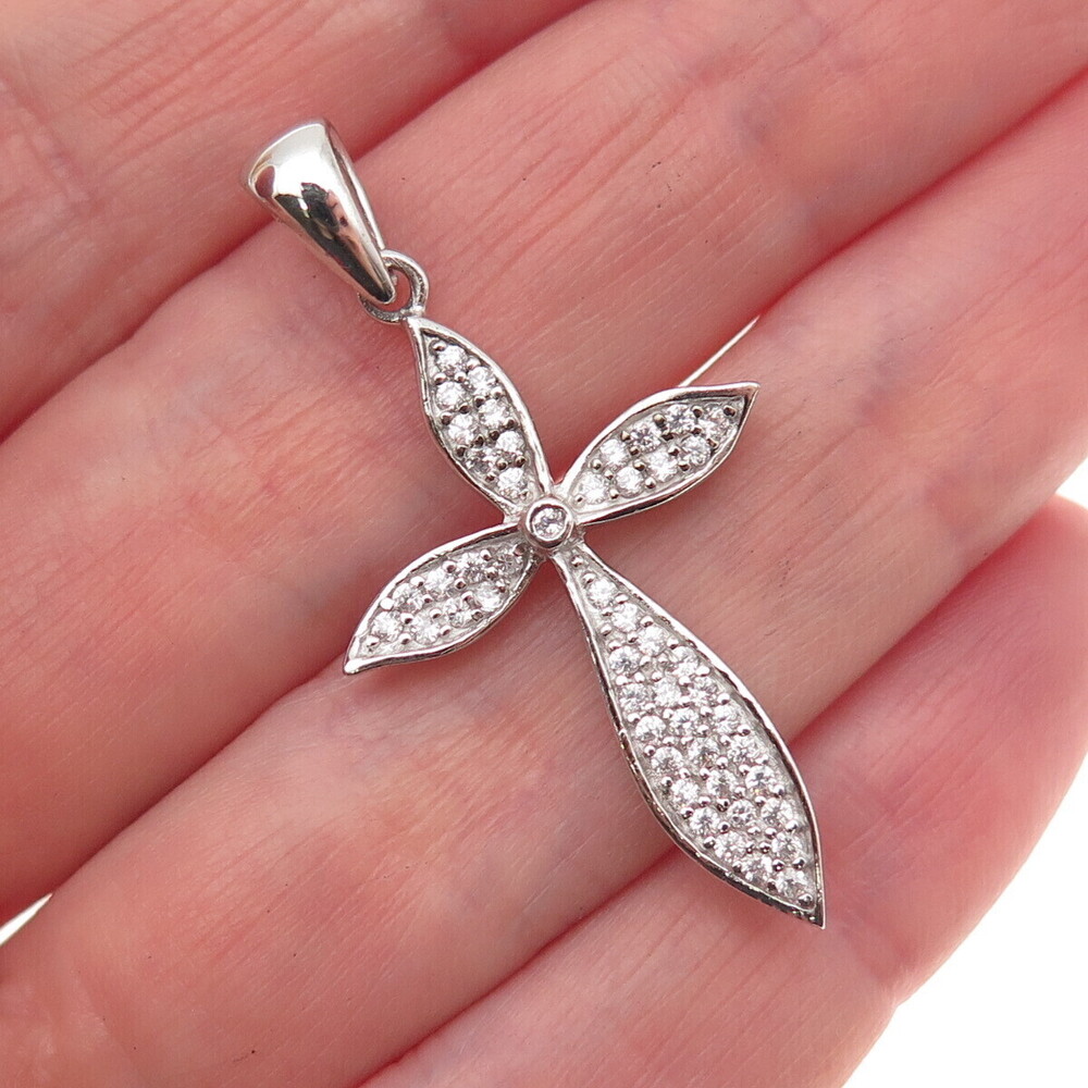 925 Sterling Silver Round-Cut C Z Cross Charm Pendant